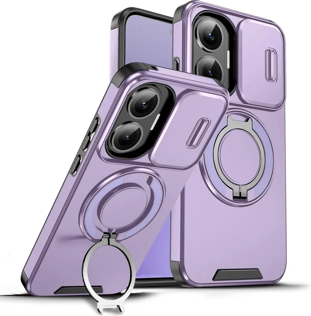Custodia a doppio strato per Xiaomi Poco F7/Redmi Turbo 4 Pro, copertura scorrevole della fotocamera e supporto ad anello magnetico Viola