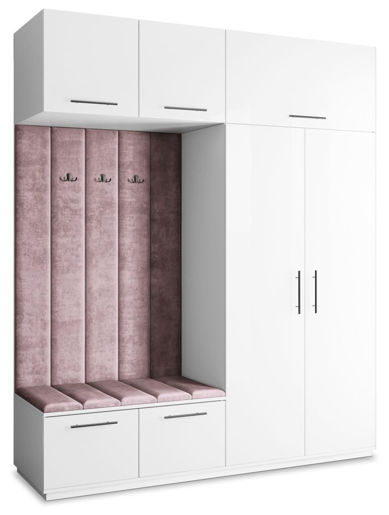 Masseno Garderobe-Set REMA 200/240/60 cm Modern Garderobenschrank Weiß, Veloursstoff MONOLITH 62 (Lila)