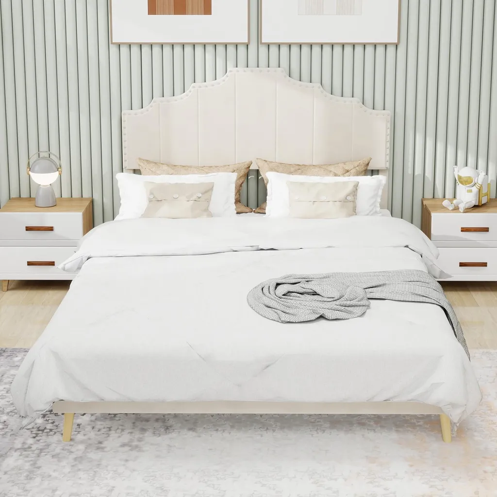 Lit 160x200 beige pour chambre adulte - Sommier fixe et tissu doux