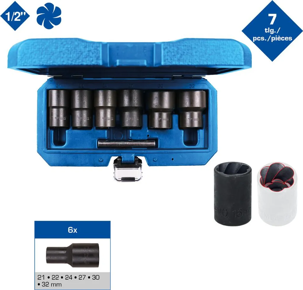 Coffret de douilles à rainure hélicoïdale pour l'extraction de vis - 1/2"