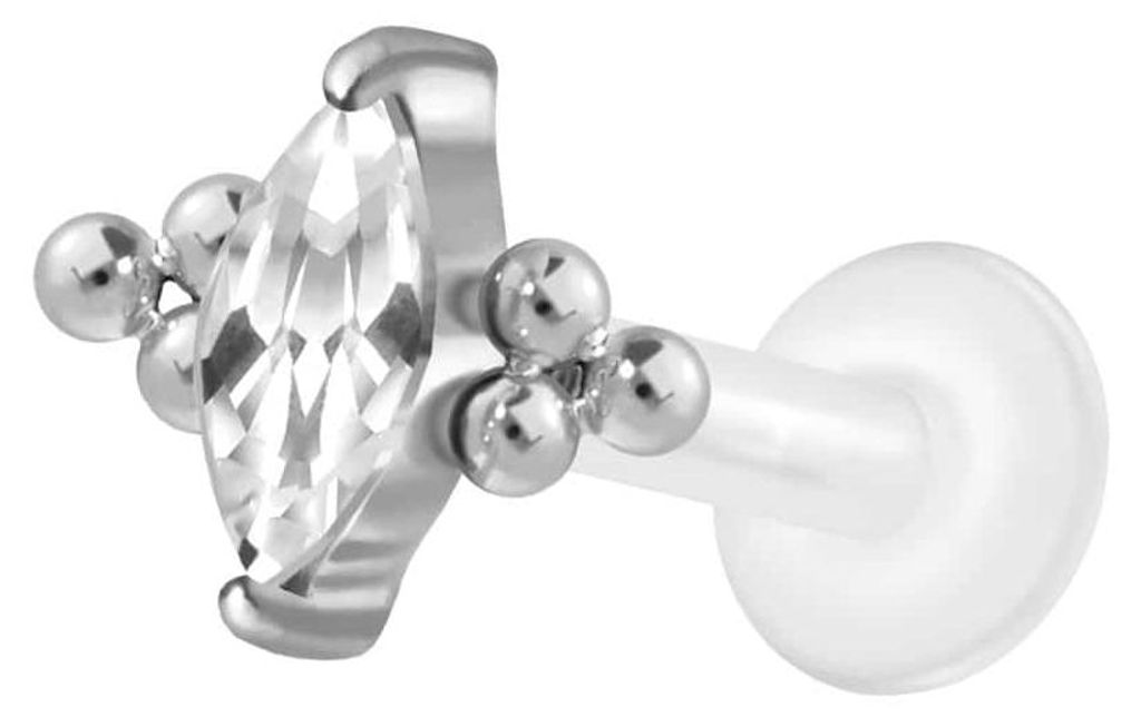 Ohrpiercing, Nasenpiercing PTFE Labret mit Innengewinde + Titan-Aufsatz KRISTALLTROPFEN + 6 KUGELN Silber Stablänge: 8mm | Stabstärke: 1,2mm