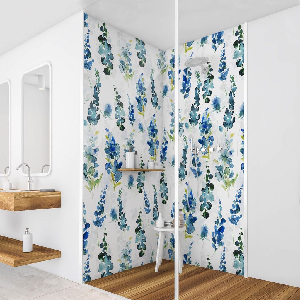 Duschrückwand Muster selbstklebend - 0.35 mm Wandpaneel wasserfest Blumenmuster blau Aquarell Badrückwand fugenlos Smart matt 80x190 cm