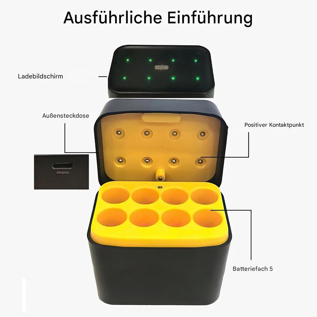 Wiederaufladbare AA-Batterien Set (1.5V, 3000mWh) mit 8-fach Ladegerät & LED, Gelb-Schwarz Design für Spielzeug, Geräte & Sport (ohne Batterie)