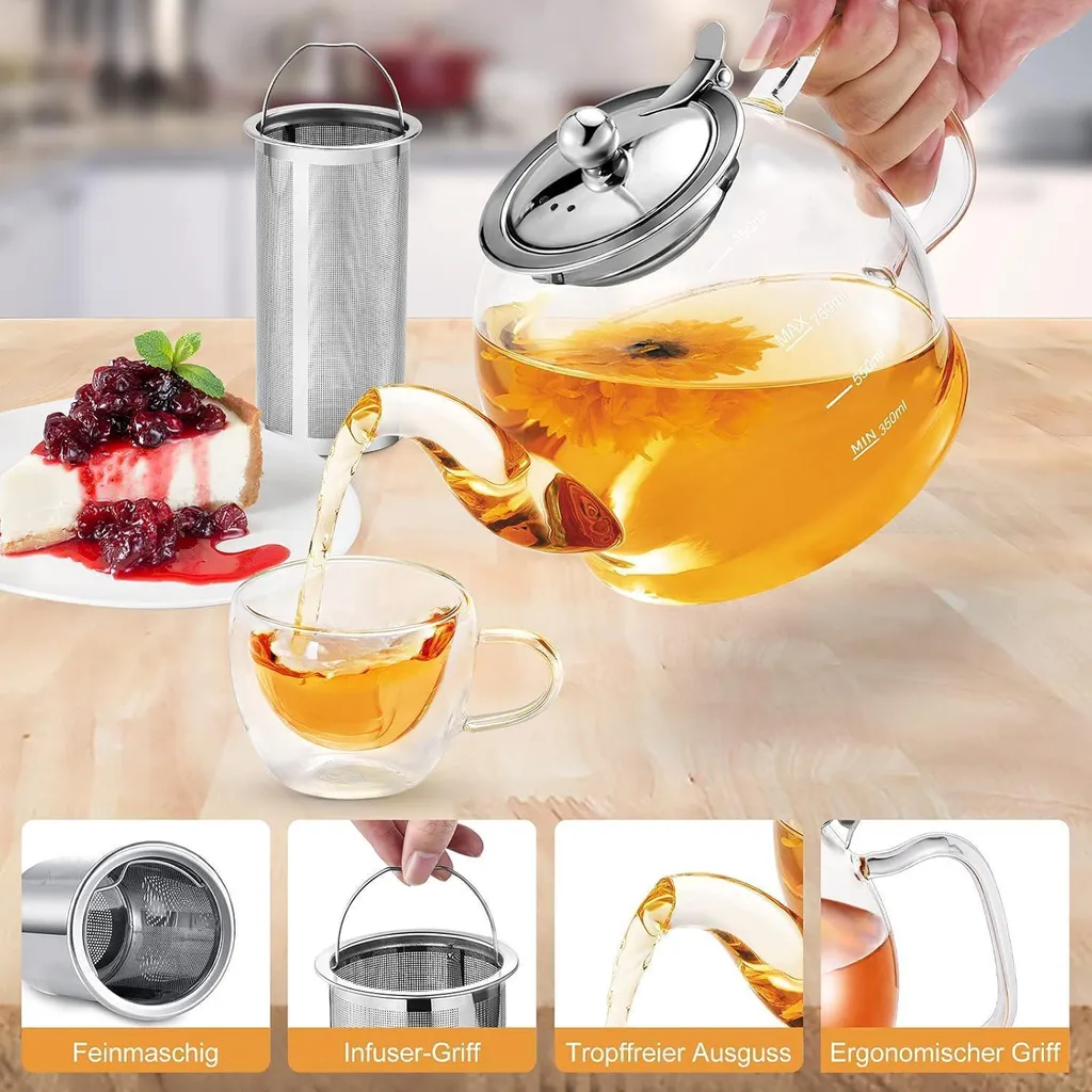 Teiera In Vetro Borosilicato Da 1L Con Colino Rimovibile - Coperchio In Bambù - Adatta A Microonde E Lavastoviglie - 5