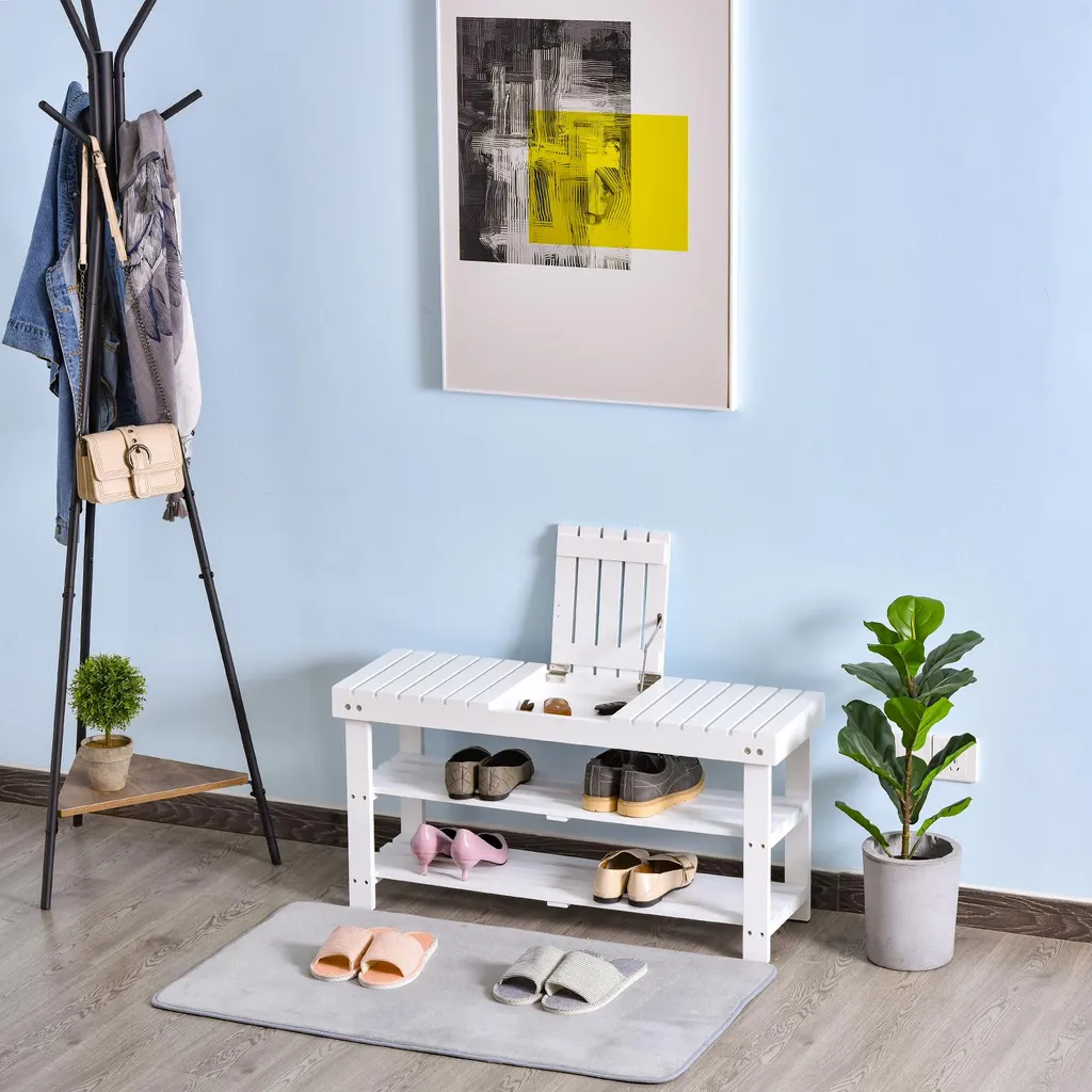 Meuble range-chaussures assise bois blanc 90cm avec coffre de rangement - 3