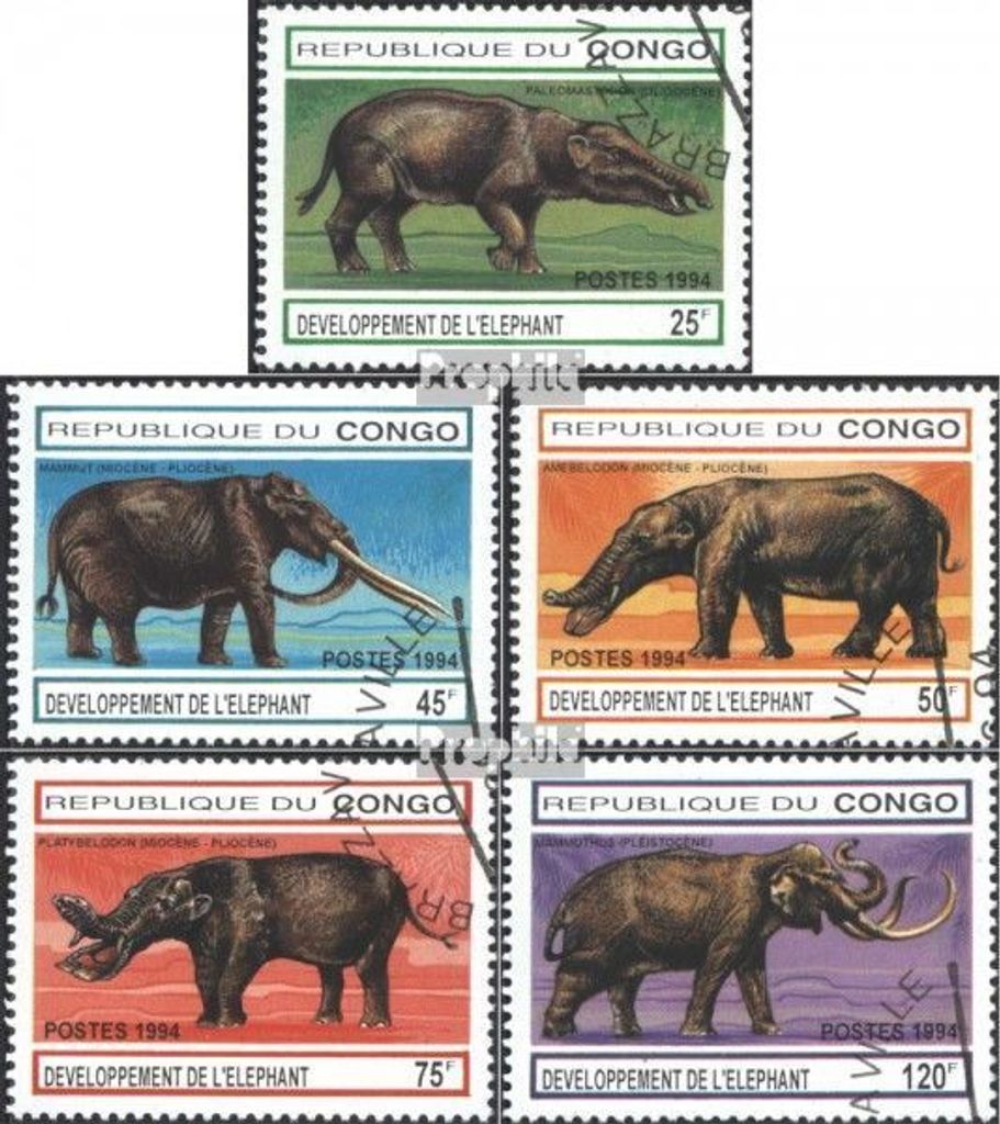 Briefmarken Kongo (Brazzaville) 1994 Mi 1412-1416 (kompl.Ausg.) gestempelt Entwicklungsgeschichte des Elefanten