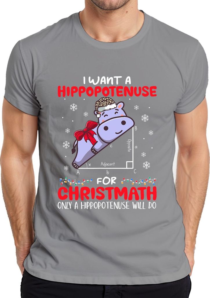 Hippopotenuse Christmath Hippo Santa Schleife Schnee Mathe Lustig Herren T-Shirt, Grau, XL