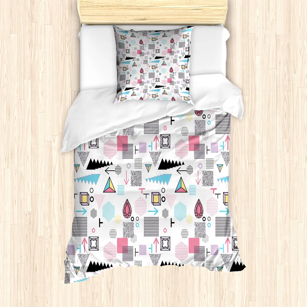 ABAKUHAUS Set copripiumino astratto per letti singoli, Memphis Cubes Arrows, antiacaro, adatto a chi soffre di allergie, con federa, 135 cm x 200 cm - 80 x 80 cm, multicolore