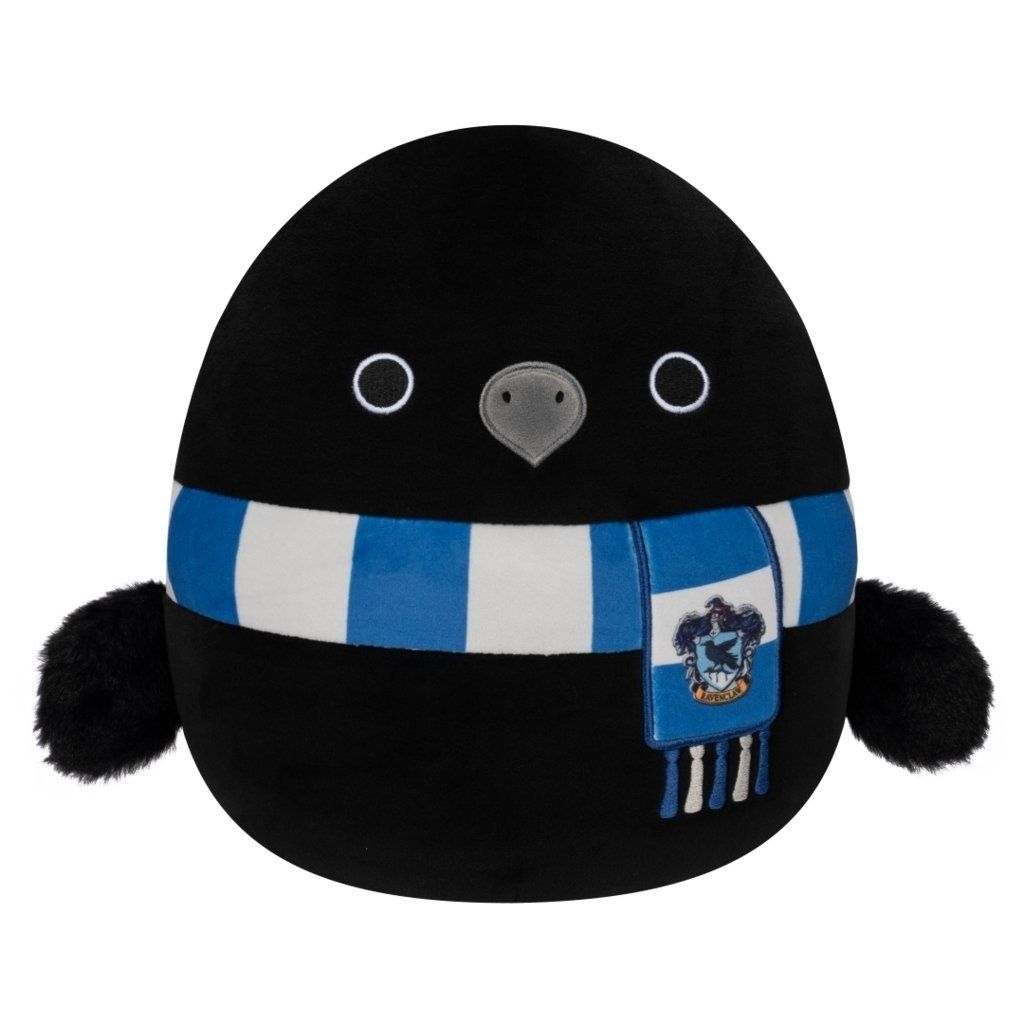 A plush toy of a black bird wearing a scarf.