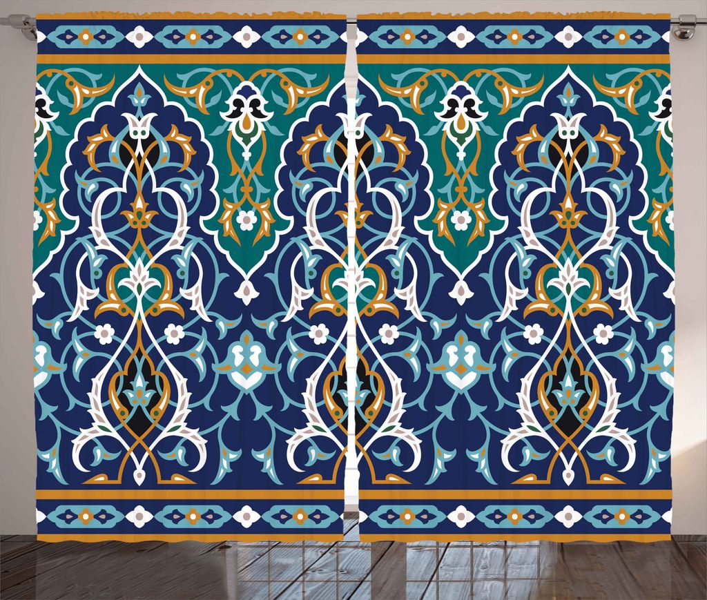 ABAKUHAUS orientalisch Rustikaler Vorhang, Hippie Tribals, Wohnzimmer Universalband Gardinen mit Schlaufen und Haken, 280 x 175 cm, Blau Senf