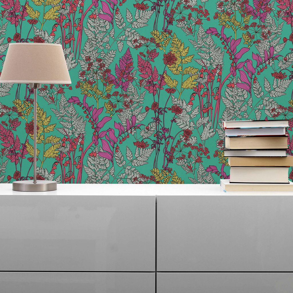 TADESSI Tapete Blumen Valentin M1-No.1435 Vliestapete Grün Lila Floral Natur Wohnzimmer Schlafzimmer Küche