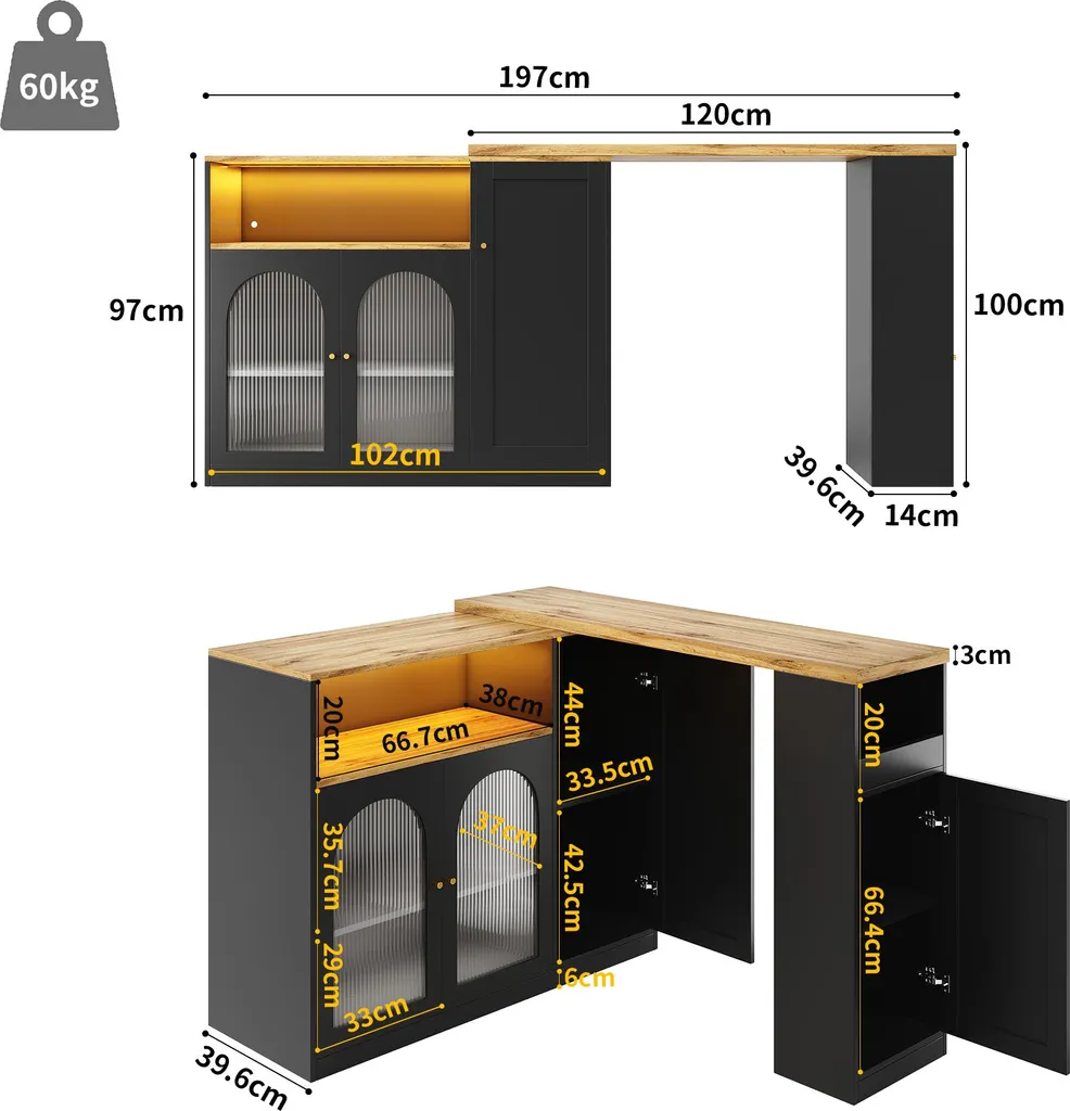 Fortuna Lai Table de bar pivotante 360 avec rangement LED et bois veiné - 3