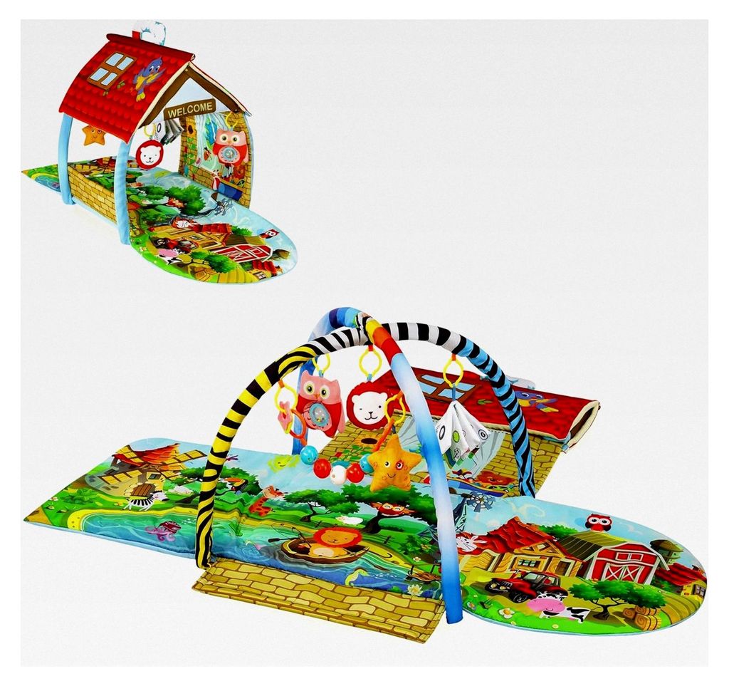 Agnes Plus 2in1 Krabbeldecke für Babys mit Spielmatte, 2 Spielbögen, Spielhaus, Stoffbuch und Spielzeugen