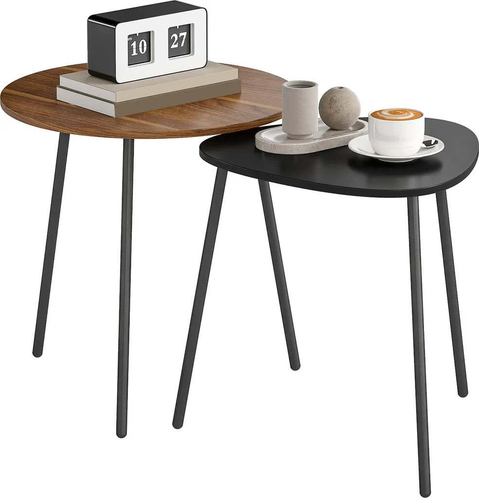 Table Basse Gigogne Industrielle avec Plateau Effet Noyer et Pieds Noir