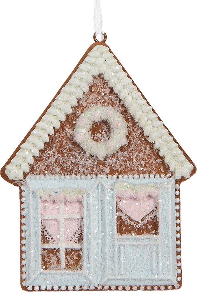 Clayre & Eef Weihnachtsanhänger Lebkuchenhaus 8x1x10 cm Blau Kunststoff
