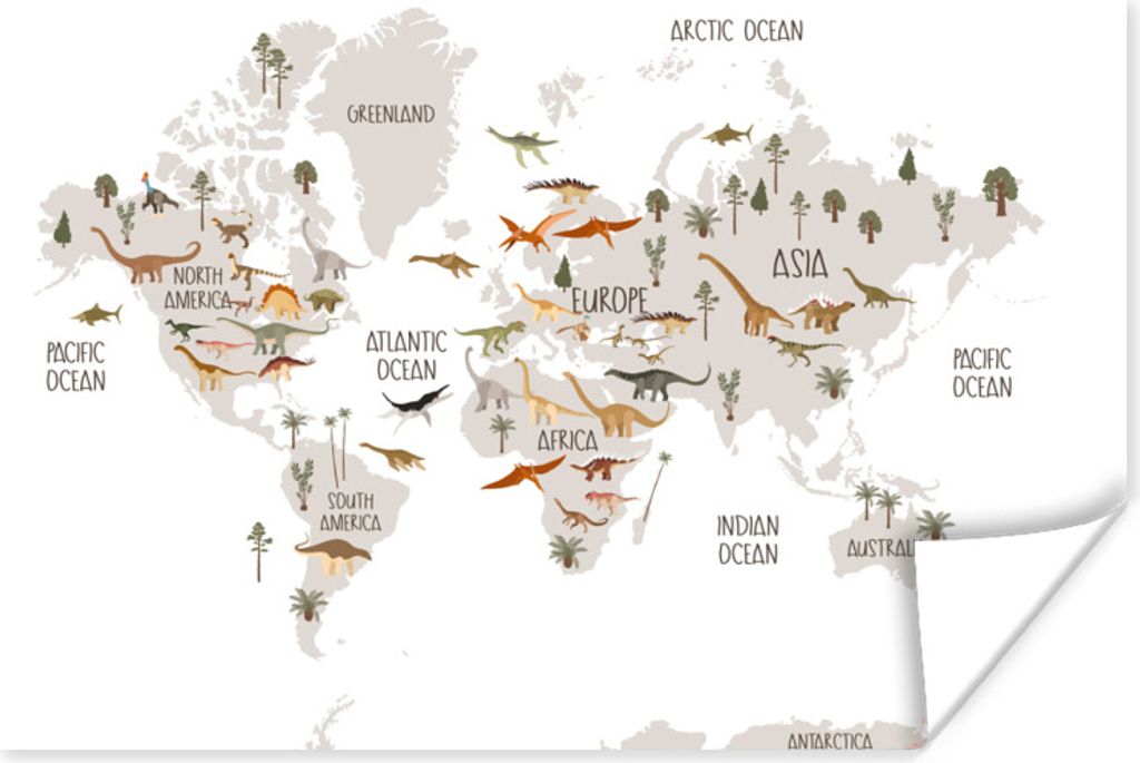 MuchoWow Poster Weltkarte Kinder - Dinosaurier - Kinderzimmer - Jungen - Mädchen - Kinder 180x120 cm - Fotoplakat
