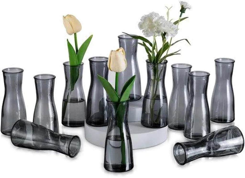 Petits vases de table en verre fumé gris : set de 12 soliflores design
