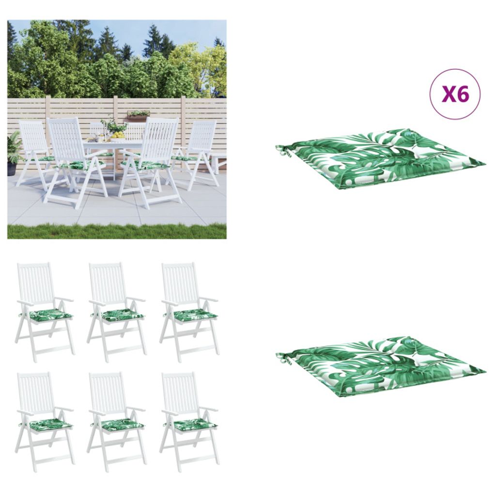 vidaXL Sitzkissen 6 Stk. Blattmuster 50x50x3 cm Stoff - Stuhlkissen - Stuhl Kissen - Kissen - Outdoor-Kissen