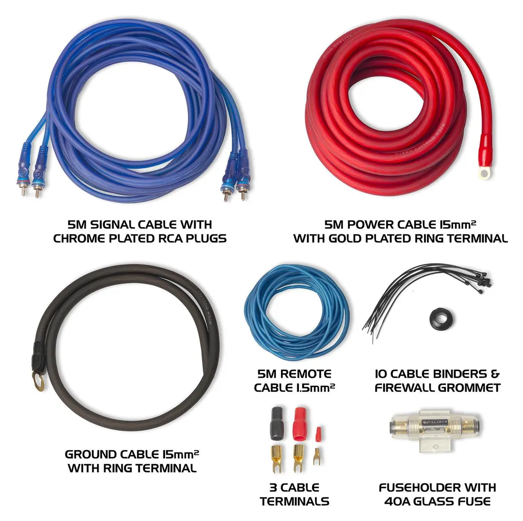 Câble pour caisson de basses auto - Kit complet 1000W 5 mètres Caliber