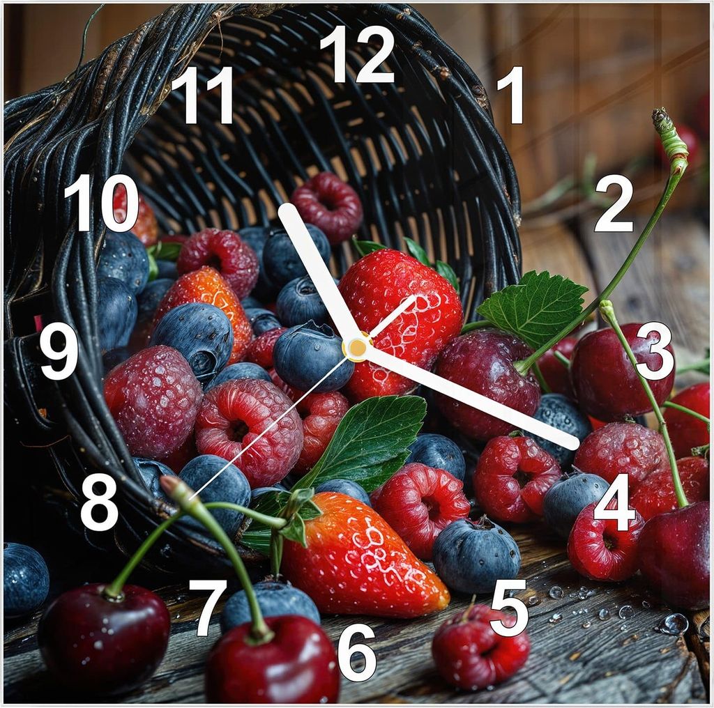 Wanduhr aus Glas mit Motiv Frische Beerenkorb- 30 x 30 cm - inkl. Aufhängesystem