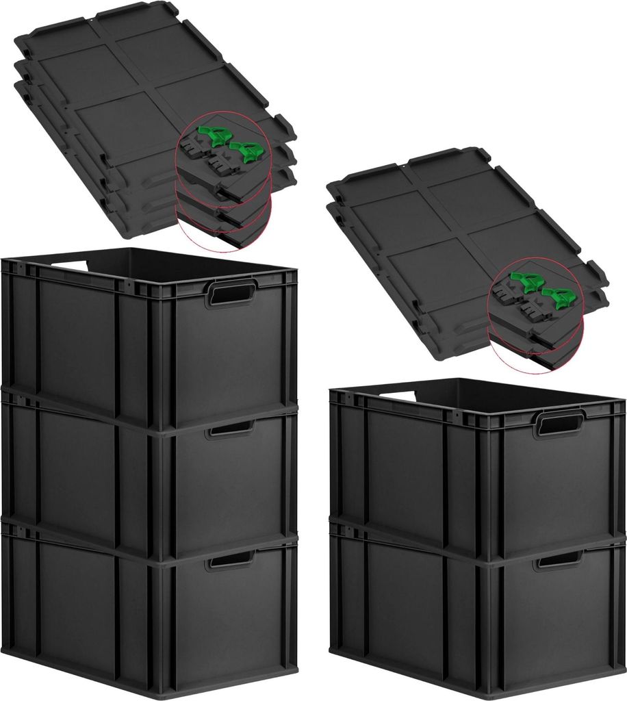 SuperSparSet 5x Eurobox NextGen Grip mit Scharnierdeckel und grünen Schiebeschnappverschlüssen | HxBxT 32x40x60cm | 65 Liter | Schwarz | Griffe o...