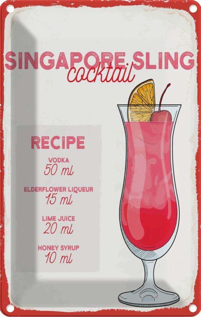 vianmo Blechschild 18x12 cm Singapore Sling Cocktail Recipe
