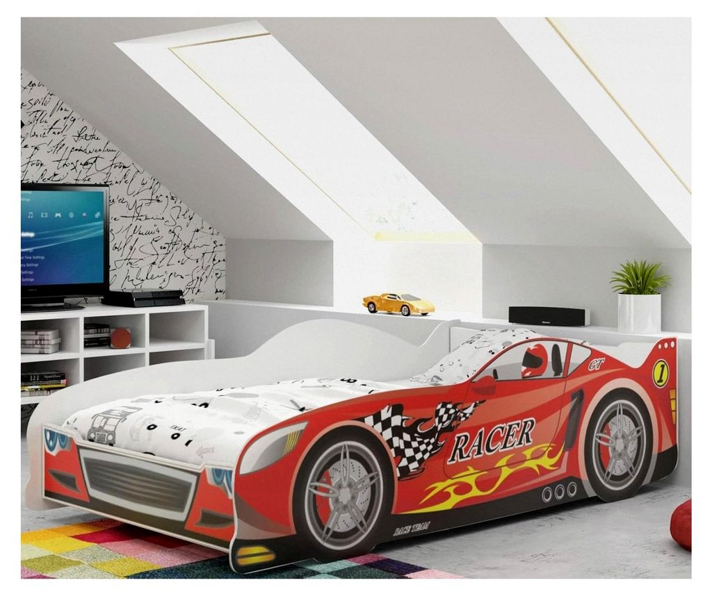 Autobett Kinderbett 160x80 Einzelbett Rennwagenbett mit Lattenrost (rot)