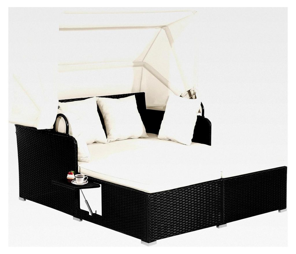 Sonneninsel für 2 Personen, Doppelliege für den Garten mit faltbarem Sonnendach, Liegeinsel mit klappbaren Tablett und Kissen, Gartenlounge