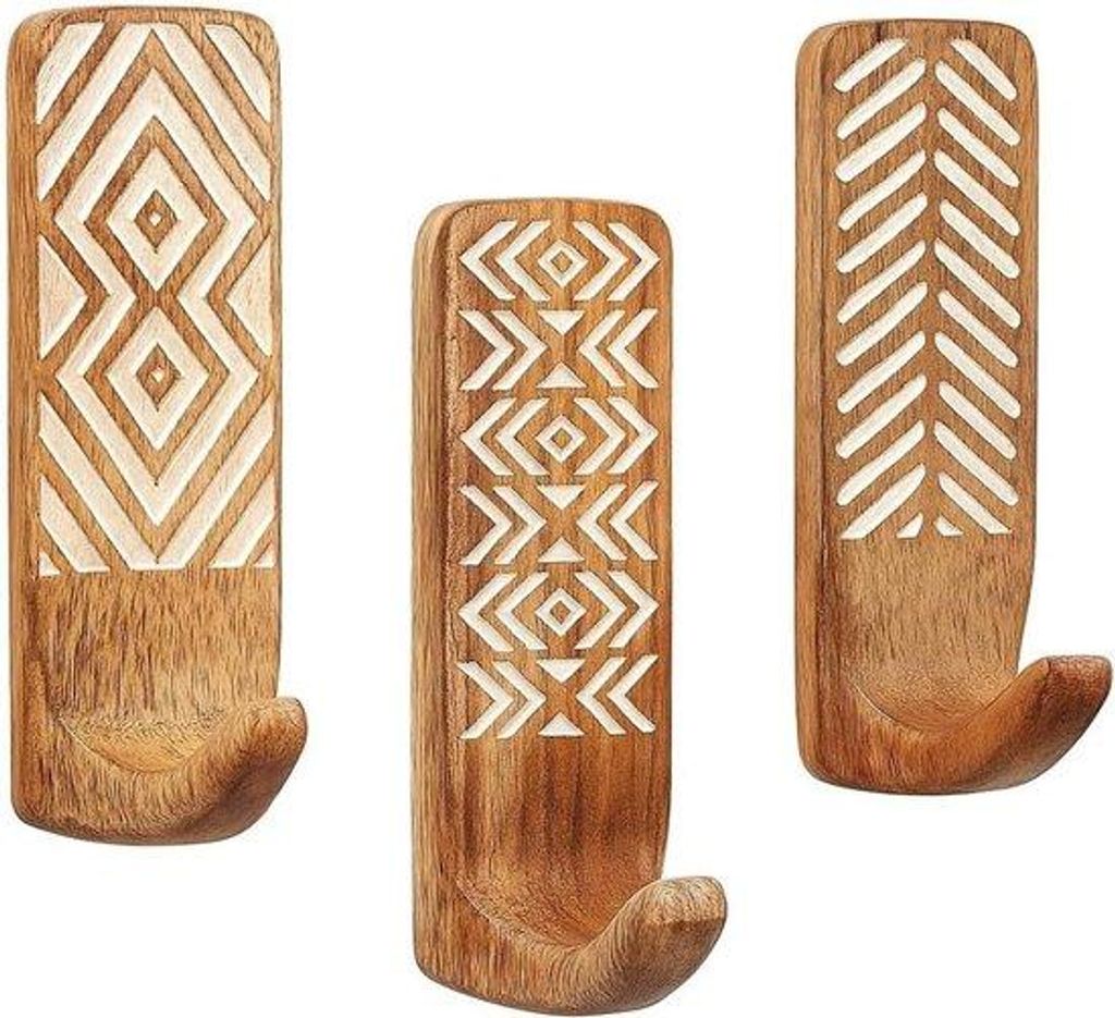 Boheemische houten wandhaken - 3 haken - Indiastijl - roestvrij - waterdicht - sleutelhanger
