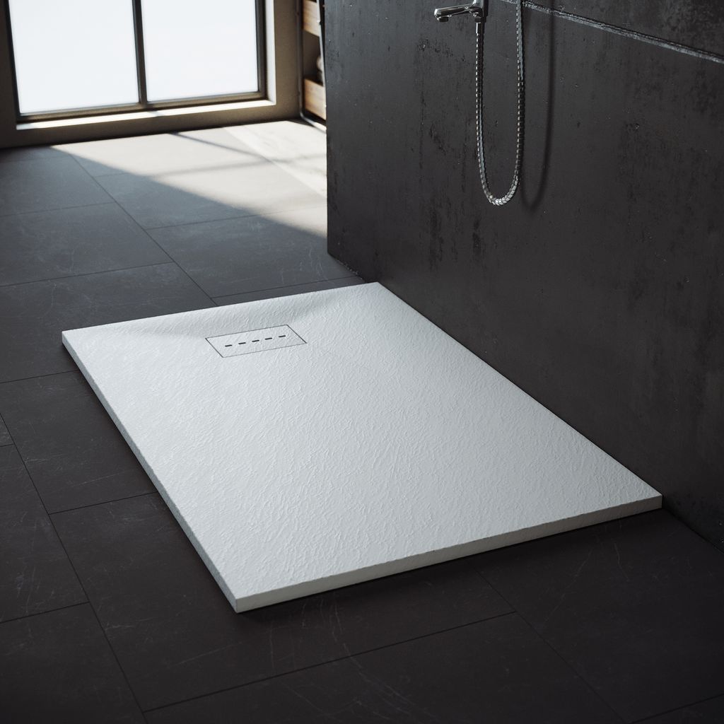 SONNI Weiß Badezimmer-Duschwanne 90x140 cm SMC-Steinoptik extra flache quadratische Duschwanne inkl. Ablaufgarnitur