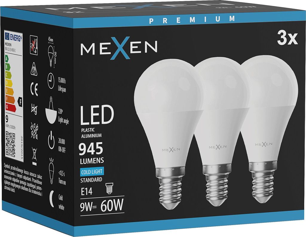 Mexen Nova 3x LED-Glühbirne E14, G45, 9W, Kalt - 6500K, 945 Produktbild 