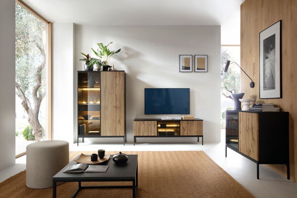 Wohnzimmer-Set Wohnwand Sento 3-teilig schwarz Wotan Eiche MDF