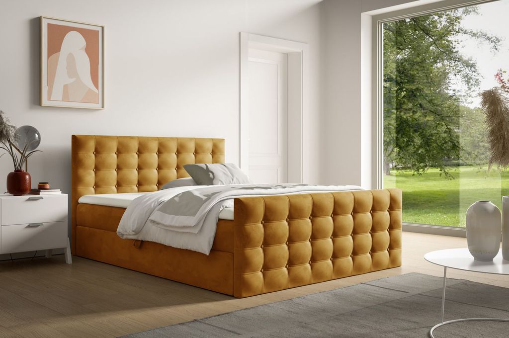 Polsterbett 120x200 ELPIDA - Honig + GRATIS Matratzenauflage