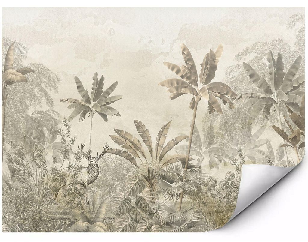 Fototapete Für Die Wand Exotischer Dschungel Mit Palmen Und Monstera Dekorativer Hirsch In Tropischer Landschaft Im Vintage Stil 400x280 cm