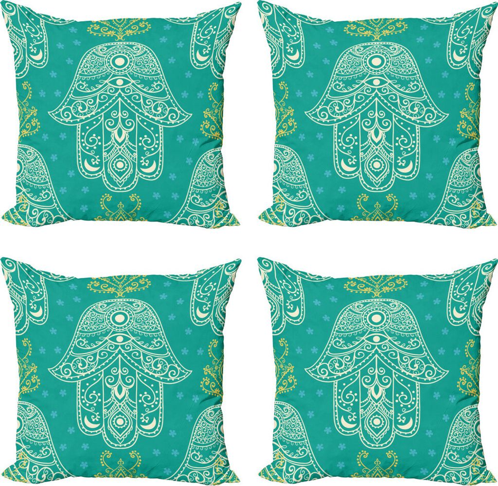 ABAKUHAUS Evil Eye Kissenbezug Set (4 Stück), Gänseblümchen Hamsa Muster, Moderner Doppelseitiger Digitaldruck, 45 cm x 45 cm, Gelb Weiß und Teal