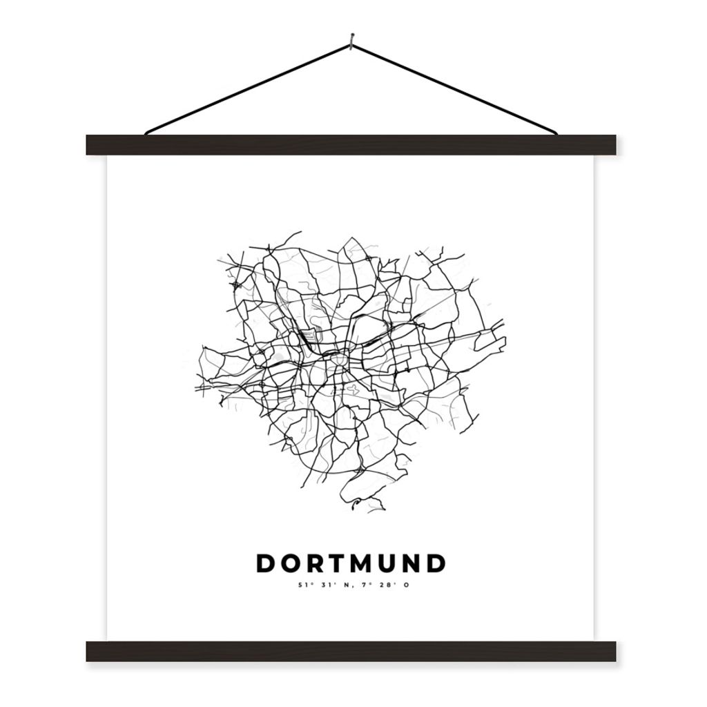 MuchoWow Textilposter Stadtplan - Deutschland - Schwarz und weiß - Dortmund - Karte 90x90 cm mit schwarzem Rahmen - Magnetisches