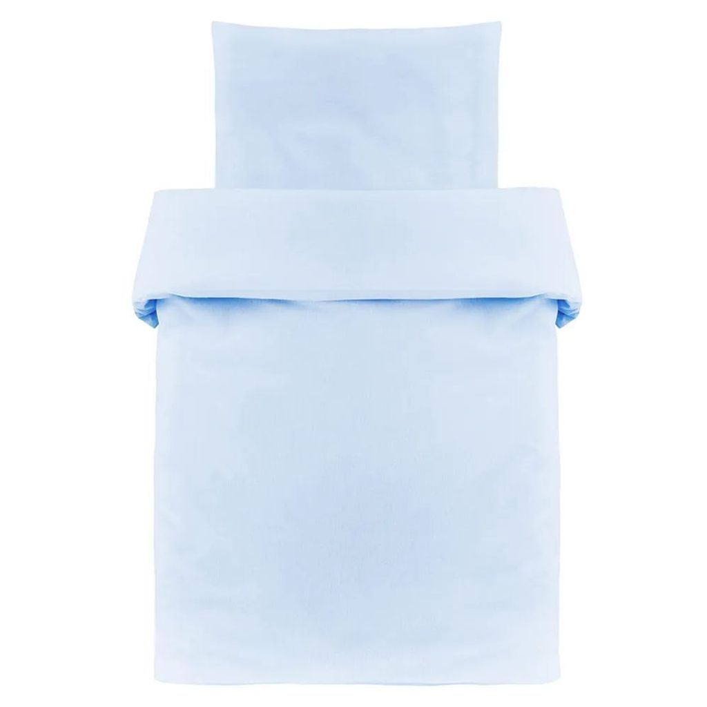 A light blue duvet cover and pillowcase set, neatly folded and presented against a white background.