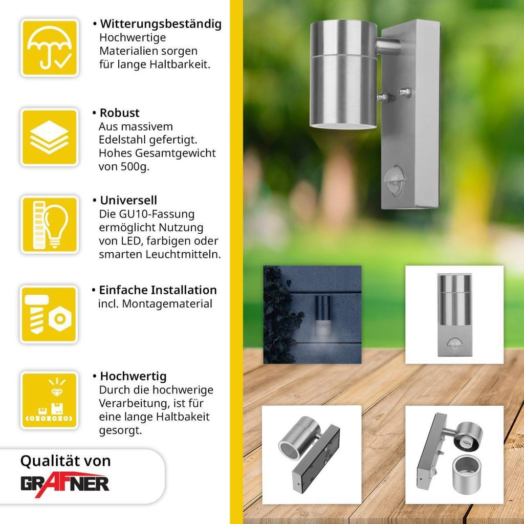 Grafner® Edelstahl Wandlampe mit Bewegungsmelder 26BPIR Produktbild 2