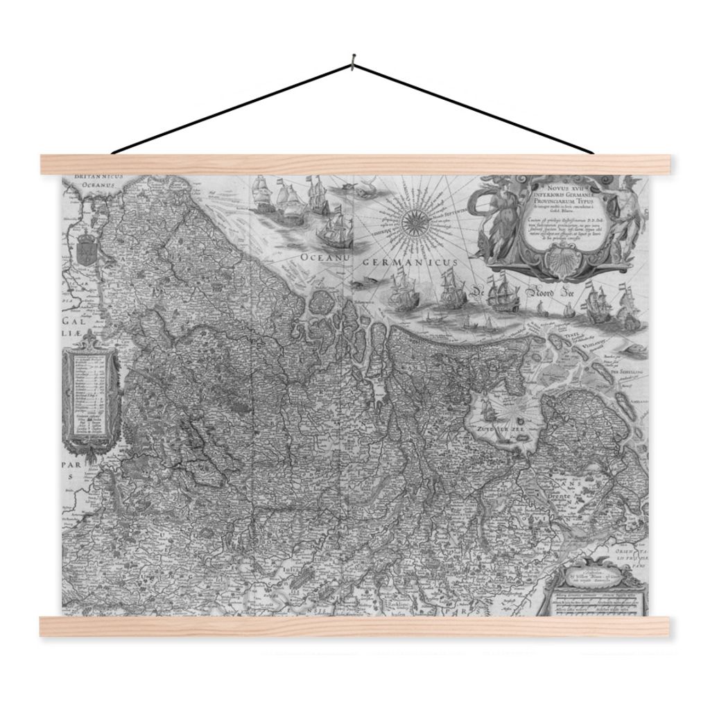 MuchoWow Textilposter Eine alte schwarz-weiße Karte der Niederlande 120x90 cm mit holzfarbenen Rahmen - Magnetisch