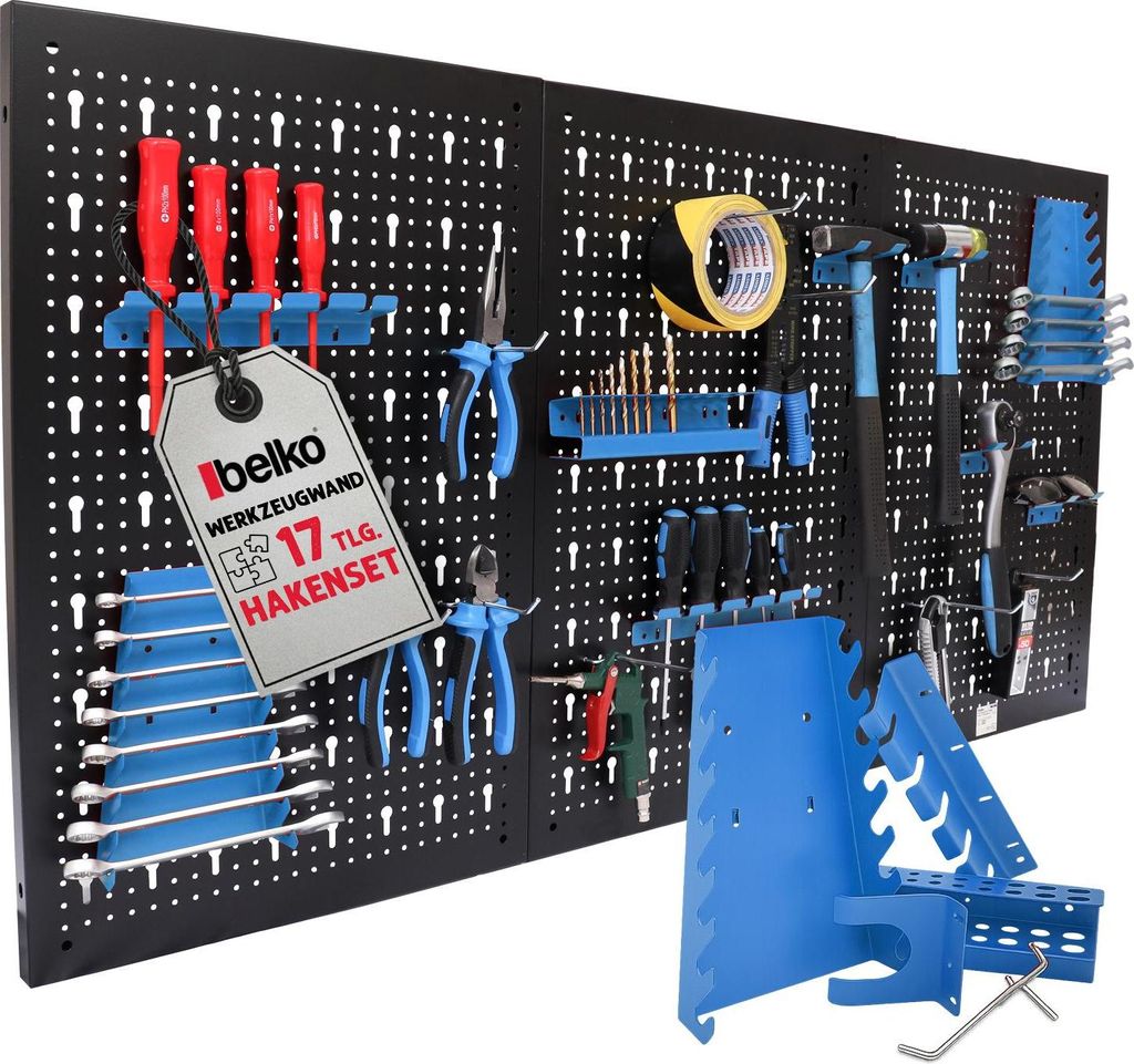 Belko Werkzeugwand Blau 120x60 cm | Metall Pegboard mit 17-teiligem Haken & Regal | Werkstatt, Garage, Keller