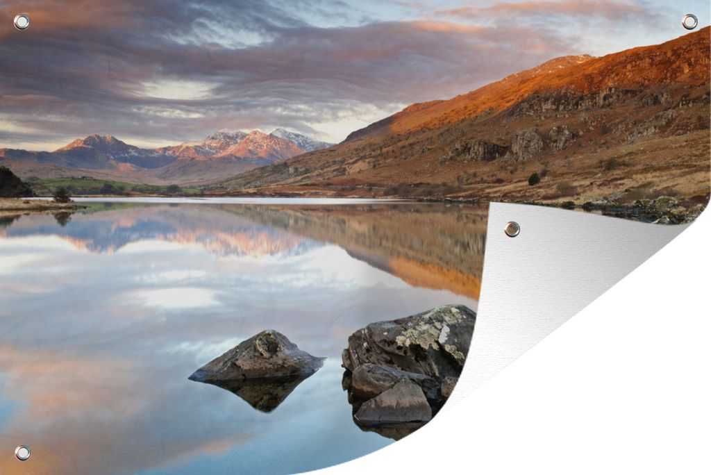 MuchoWow 120x80 cm Outdoor-Poster Gartendeko Sichtschutz Garten Poster für den Garten Farbenfrohe Berge bei Sonnenschein in Snowdonia