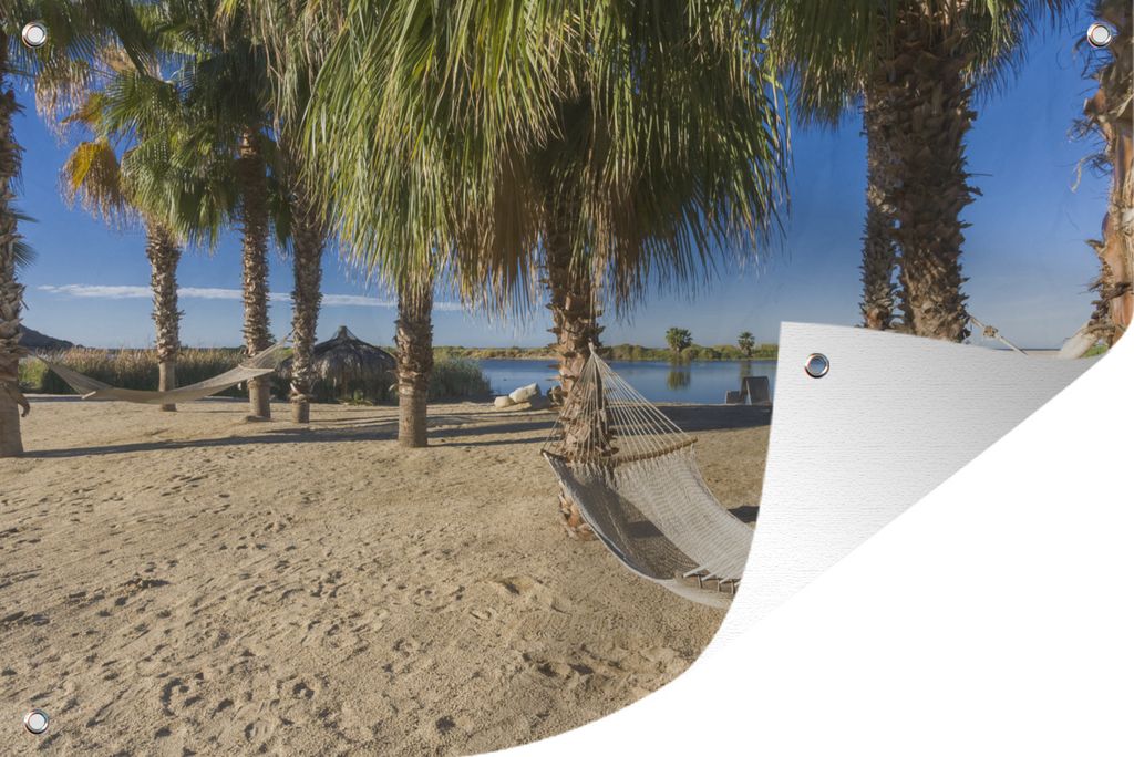 MuchoWow 60x40 cm Outdoor-Poster Gartendeko Sichtschutz Garten Poster für den Garten Strand - Hängematte - Entspannen