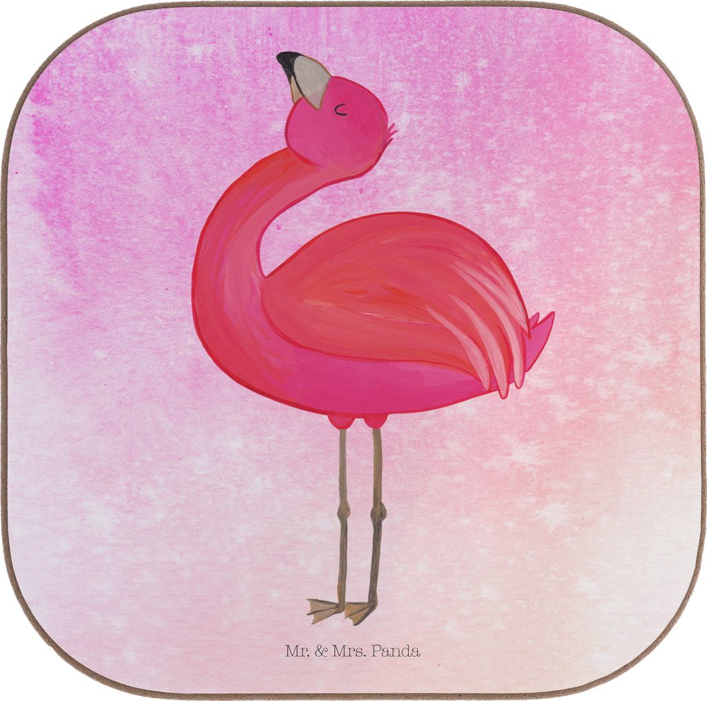 Mr. & Mrs. Panda Holzuntersetzer Flamingo Stolz - Aquarell Pink - Geschenk, Untersetzer für Gläser, gläseruntersetzer, Zufrieden, Beste Freundin...