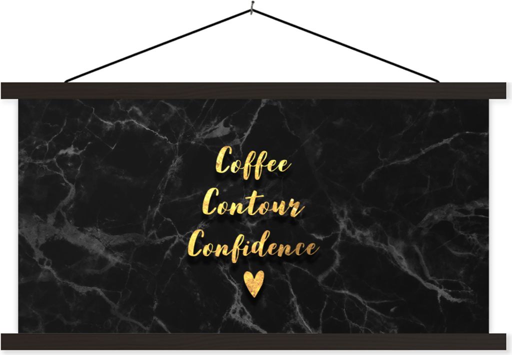 MuchoWow Textilposter Zitat - Kaffee - Gold - Marmor 150x75 cm mit schwarzem Rahmen - Posterleiste