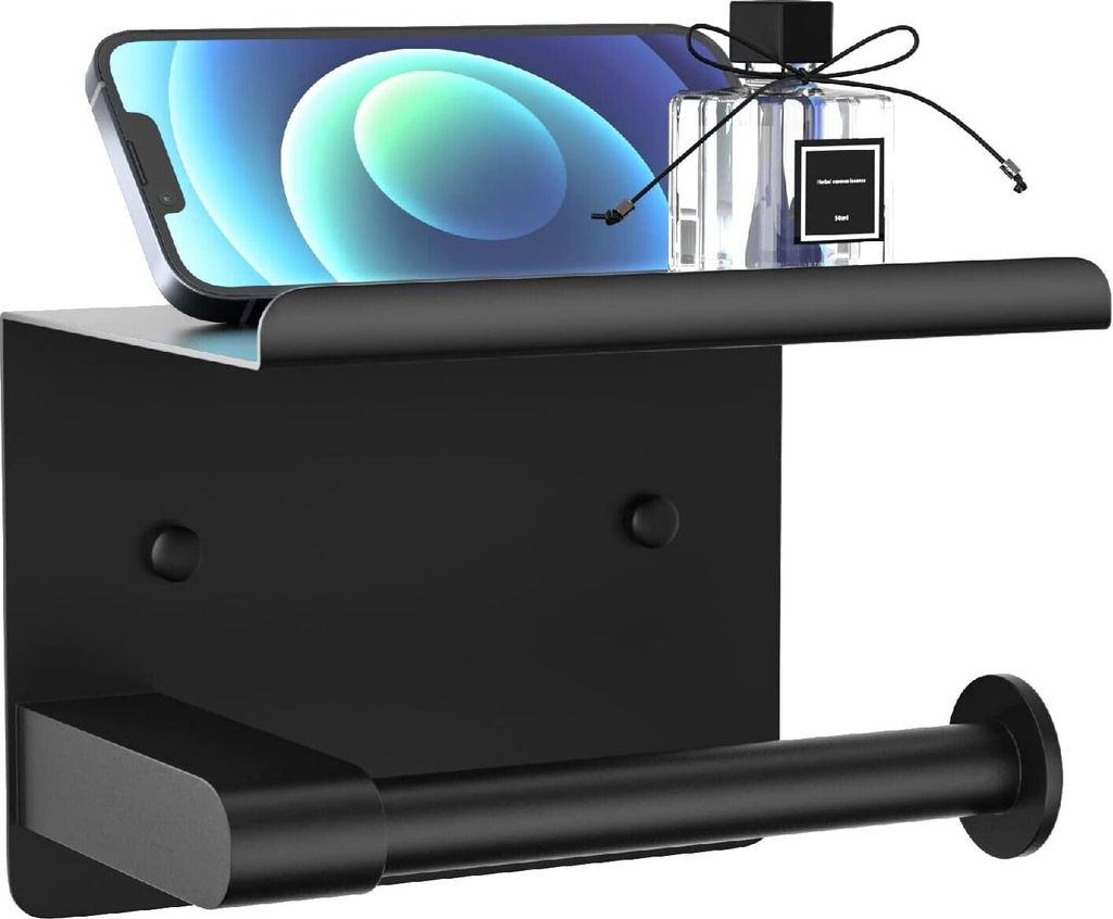 Toilet Paper Holder Wall Mount, Fits Mega Rolls Size Matte Black Toilet Paper Holder with Shelf, Rustproof Stainless Steel Self Adhesive Toilet Pap...