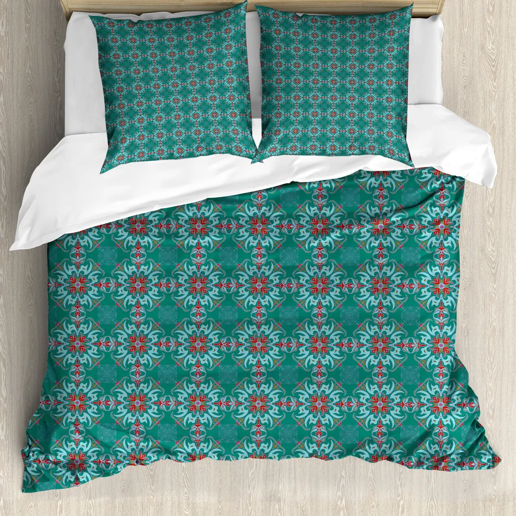 ABAKUHAUS Copripiumino vintage, tradizionale spagnolo, antiacaro, adatto a chi soffre di allergie, con federe, 200 cm x 200 cm - 80 x 80 cm, verde giada-azzurro-rosso