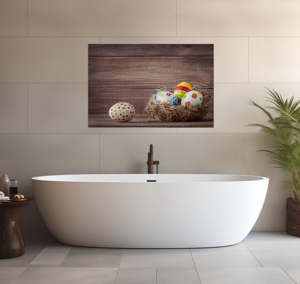 Wallario wasserfestes Poster selbstklebend 91,50 x 61 cm, Bunte bemalte Eier an Ostern im Vorgelnest vor hölzerner Wand, Badezimmerposter Spritzsc...