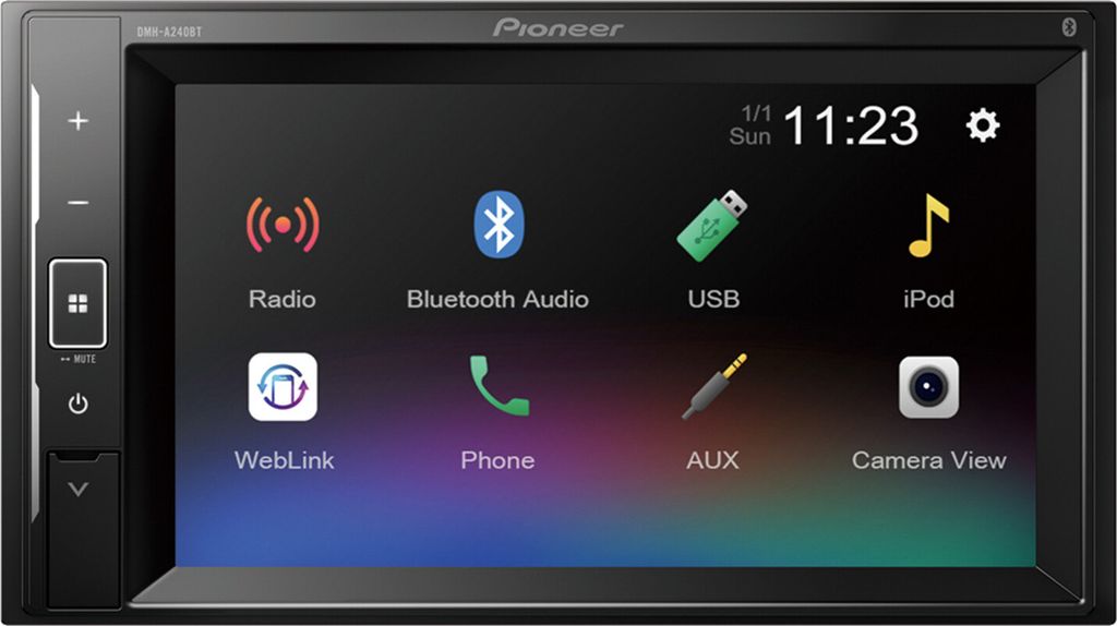 A car stereo display showing various app icons and the time.