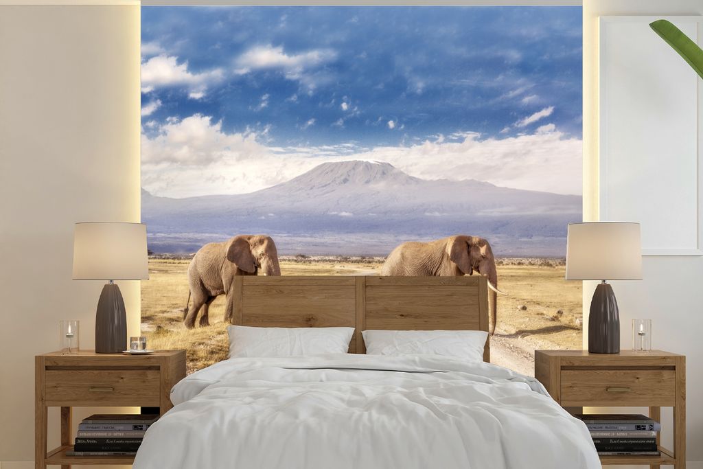 MuchoWow Fototapete für Wohnzimmer oder Schlafzimmer Wandtapete Vinyl Motivtapete Drei Elefanten beim Überqueren - 240x240 cm - Schlafzimmer-Ta...