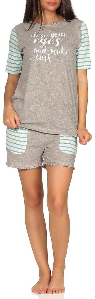 Lässiger Damen Shorty Pyjama kurzarm im College-Look mit Print und abgesetzten Ärmeln ; grau , 40